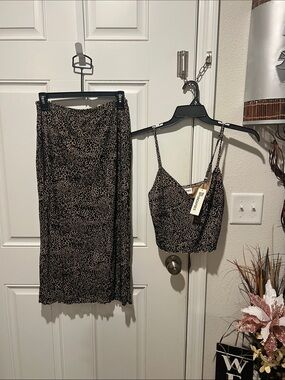Forever 21 Brown and Black Leopard Midi Skirt & Cami Set